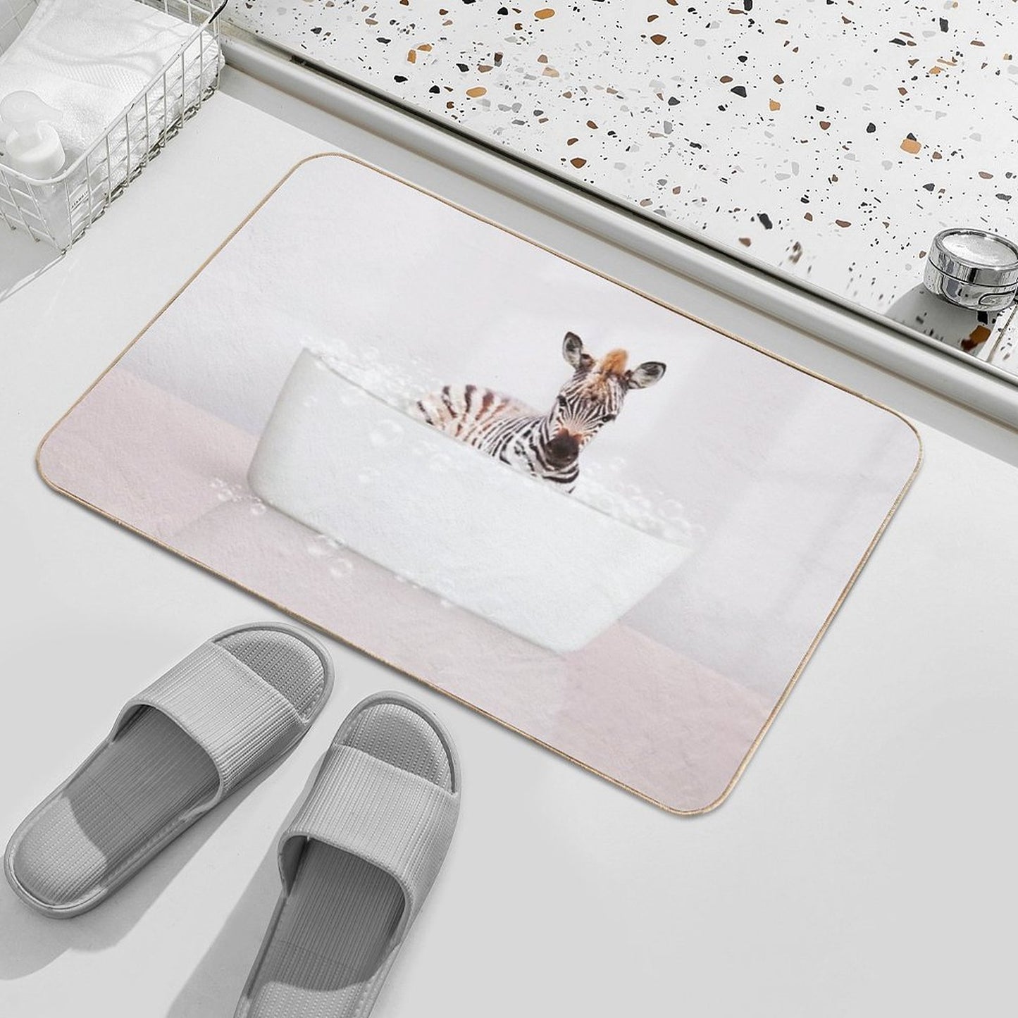 Baby Zebra  in Modern Bathtub Pink Print, Baby Zebra Bathing, Animals in Bathtub Art by Synplus  Absorbent Bath Mat