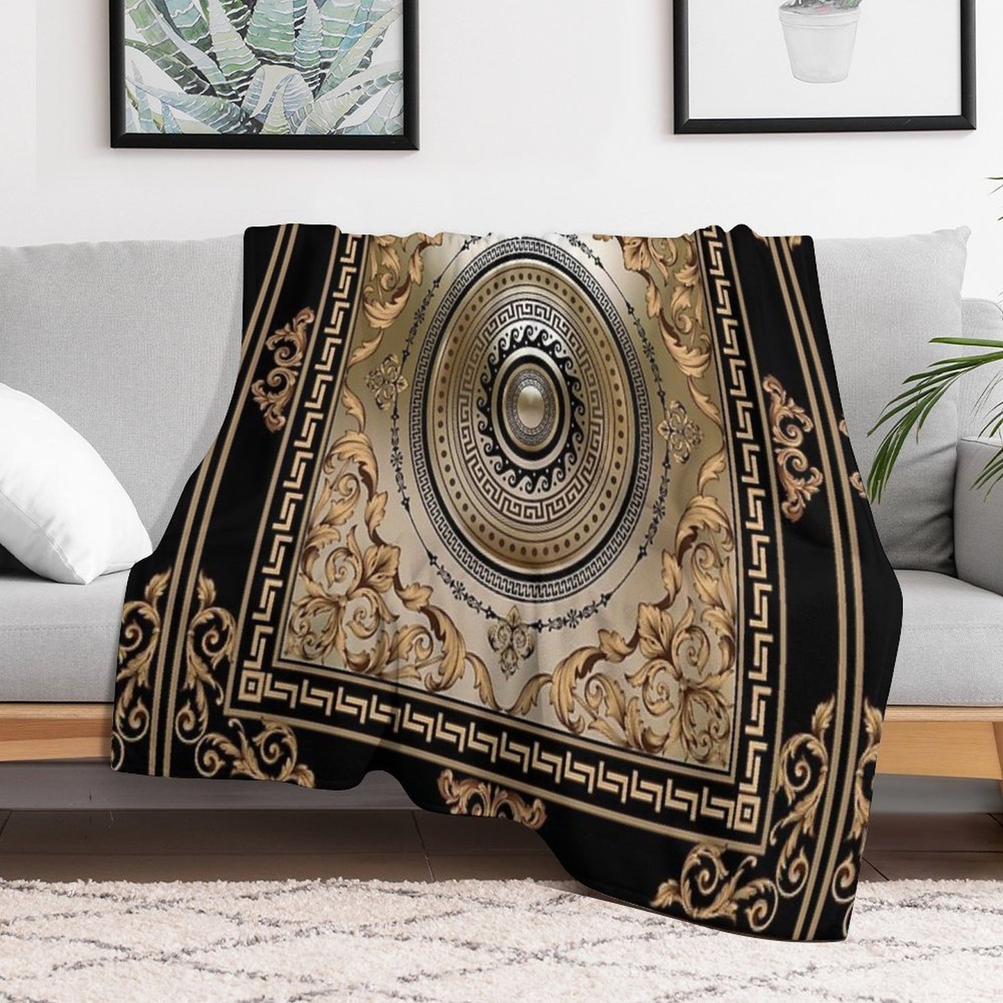 Ornate Baroque Filigree Black Bronze Greek Key Meander Durable Throw Blanket