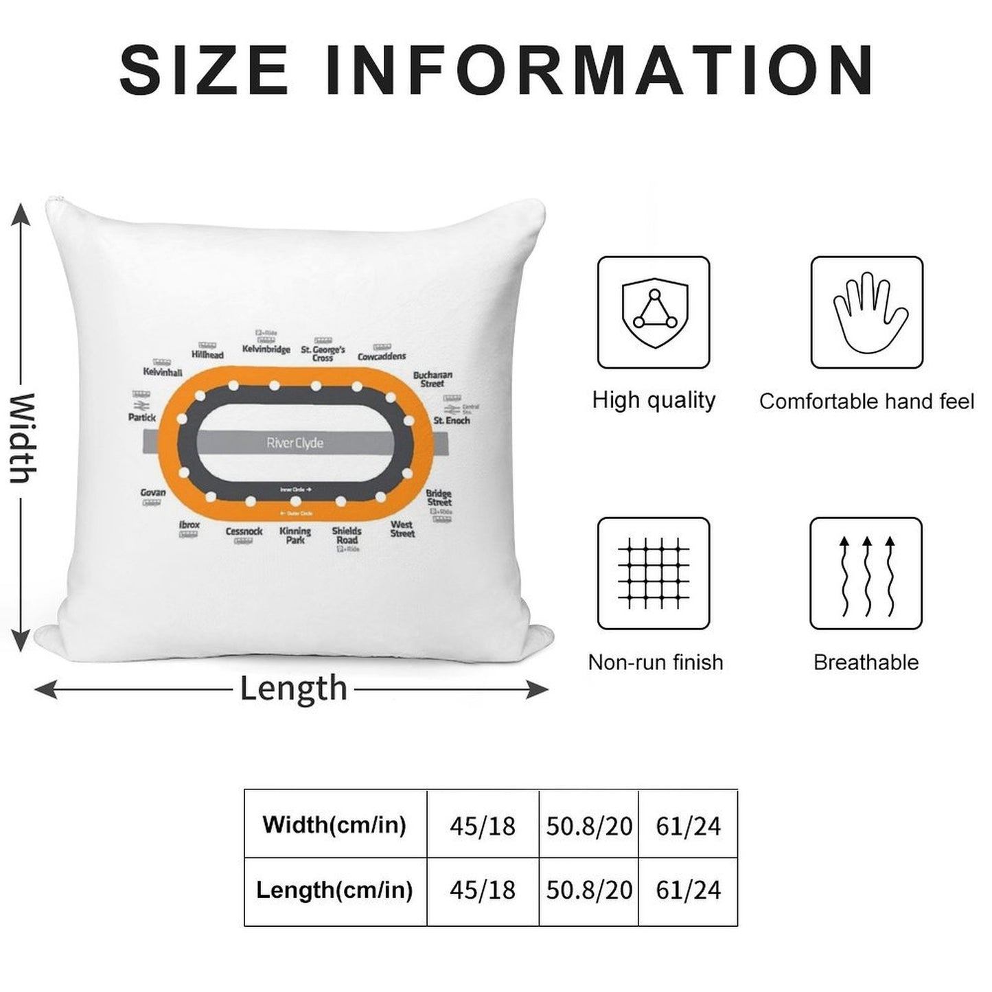 Glasgow Scotland Tube Metro Subway Train Map Soft Hidden Zipper Throw Pillow