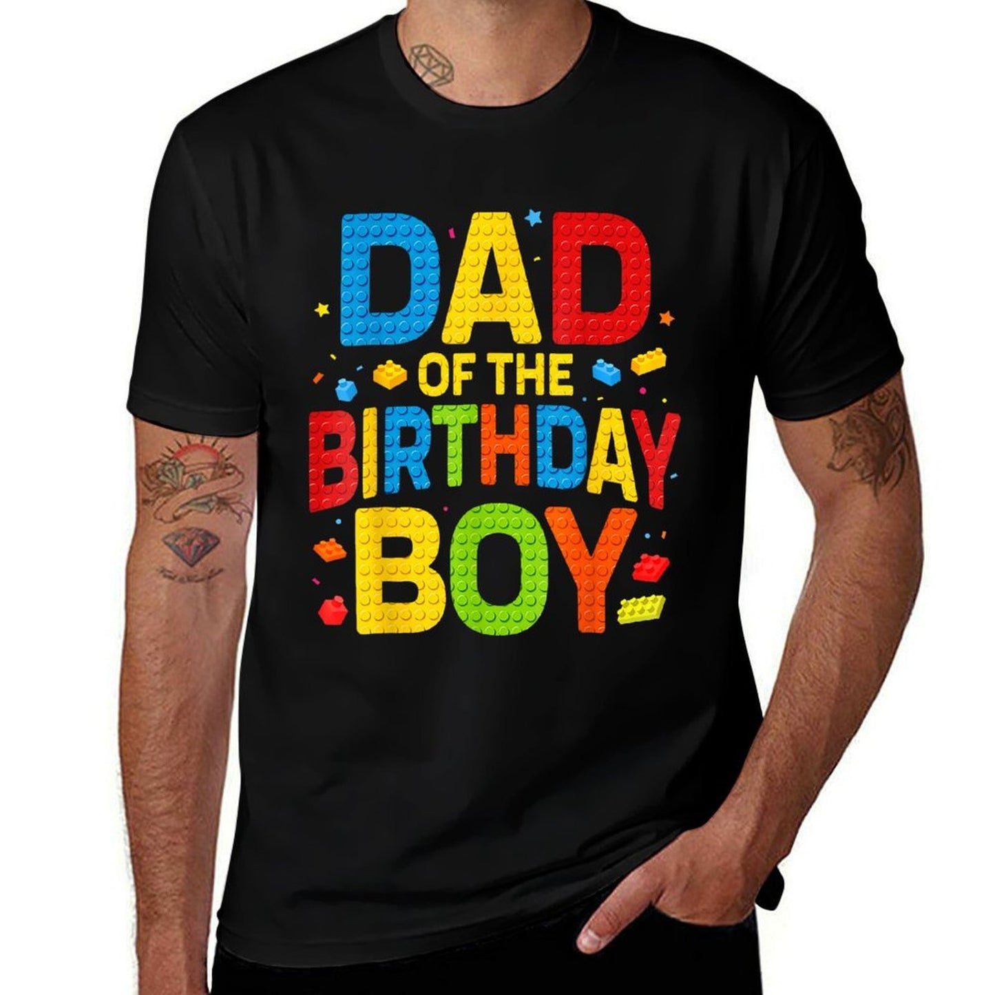Birthday Party Dad Of The Birthday Boy Building Block  Ribbed Collar T-Shirt