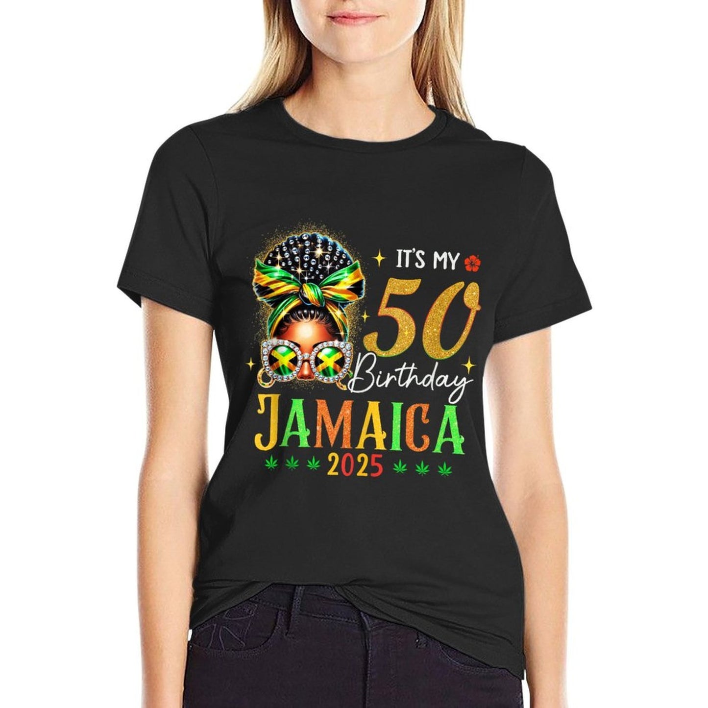 Its My 50th Birthday Party Jamaica 2025 Bow Afro Squad  Polyester Blend T-Shirt