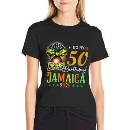 Its My 50th Birthday Party Jamaica 2025 Bow Afro Squad  Polyester Blend T-Shirt