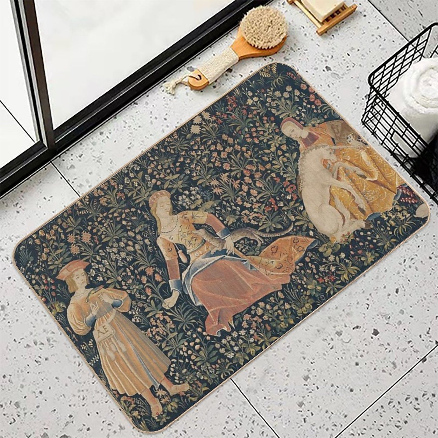 Medieval Unicorn Floral Tapestry  Pet-Safe Bath Mat
