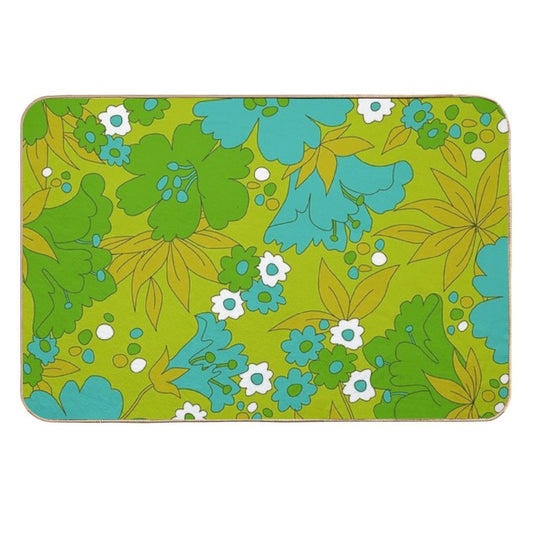 Green, Turquoise, And White Retro Flower Pattern  Multi-Purpose Bath Mat