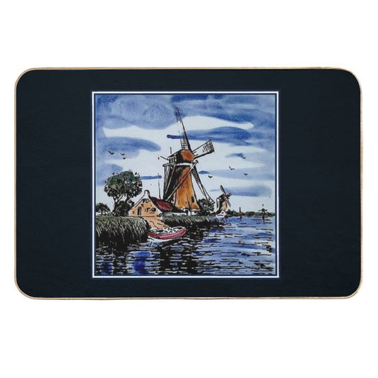 DUTCH BLUE DELFT  Vintage Colorful Windmills And Boat on River Print Durable Bath Mat