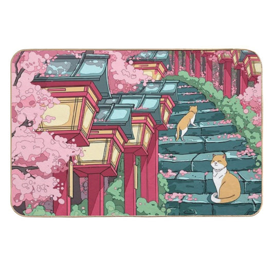 The Japanese Shrine, Cats And Pink Sakura Blossom  Absorbent Bath Mat