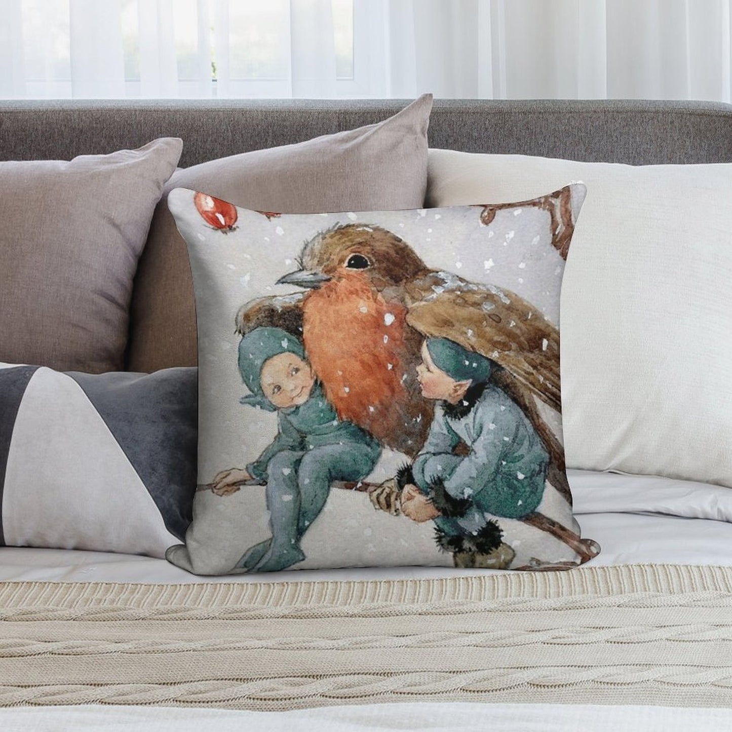 Christmas Elves Sheltering with A Robin - Margaret Tarrant Soft Luxury Feel Throw Pillow