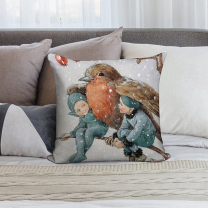 Christmas Elves Sheltering with A Robin - Margaret Tarrant Soft Luxury Feel Throw Pillow